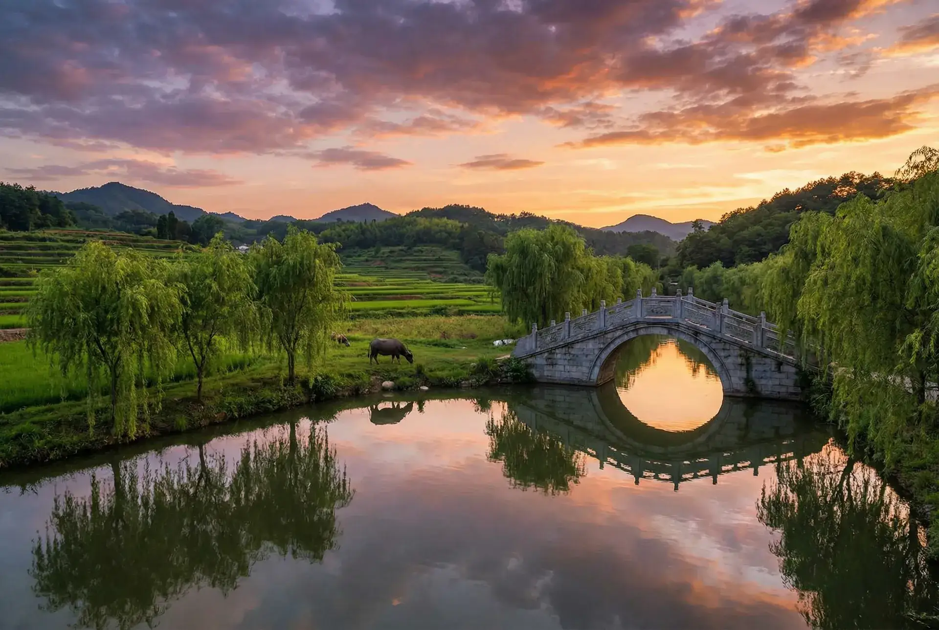 夕阳下的石拱桥与垂柳，水牛在河边吃草 - 怎么把自己弄到喷泉 乡村美景